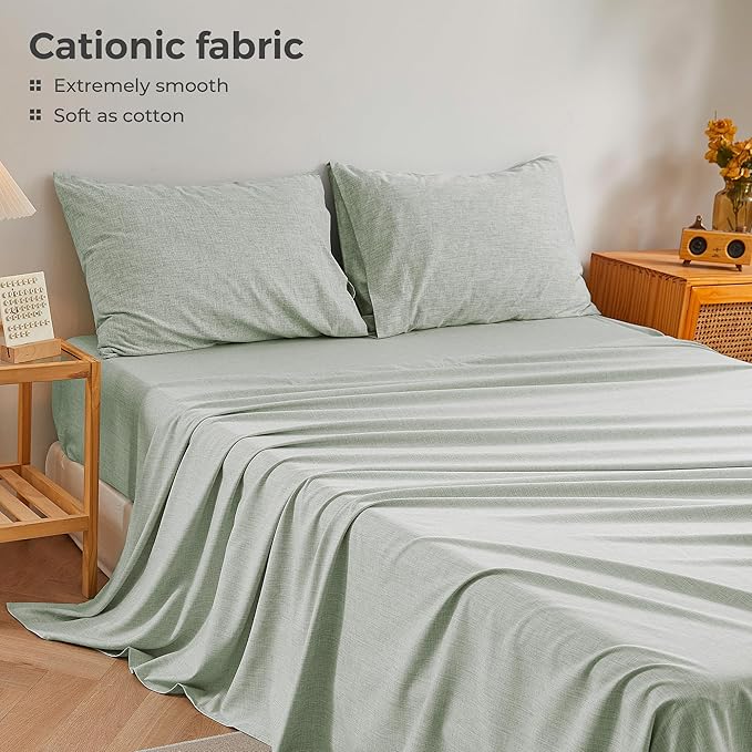 Queen Sheets Sage Green, Ultral Soft Cationic Linen Look Sheets, Luxury Cooling Cozy Bed Sheet Set with Non-Slip Fitted Sheet