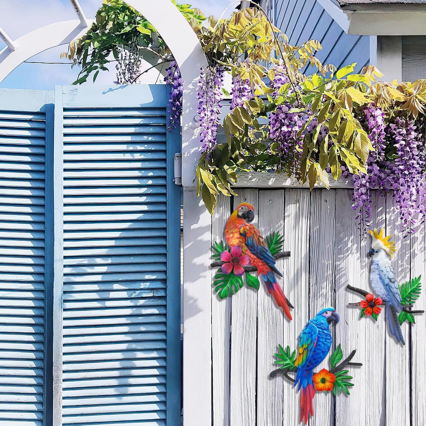 Metal Parrots Wall Art Decor Outdoor Decorations for Yard, Outdoor Garden Decor, Patio Decorations Garden Metal Bird Wall Decor-12 Inches Parrot Large Hanging Wall Decor 3 Pack