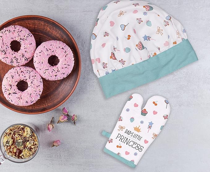 AMOUR INFINI 100% Cotton Little Princess 3-Piece Kitchen Set| Kid's Aprons, Oven Mitts, and Chef Hats|Kitchen Play,Cooking,Grilling,Baking,Thanksgiving,Christmas,Birthday Gift for Girls & Young Chefs