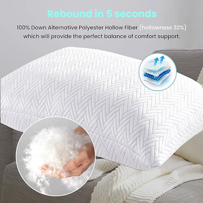 Cooling Pillow for Sleeping, Bed Pillows Queen Size Set of 2, Micro Fiber Filling Pillows 2 Pack, Adjustable to Soft / Firm Pillows for Side Stomach and Back Sleepers with Washable Cover