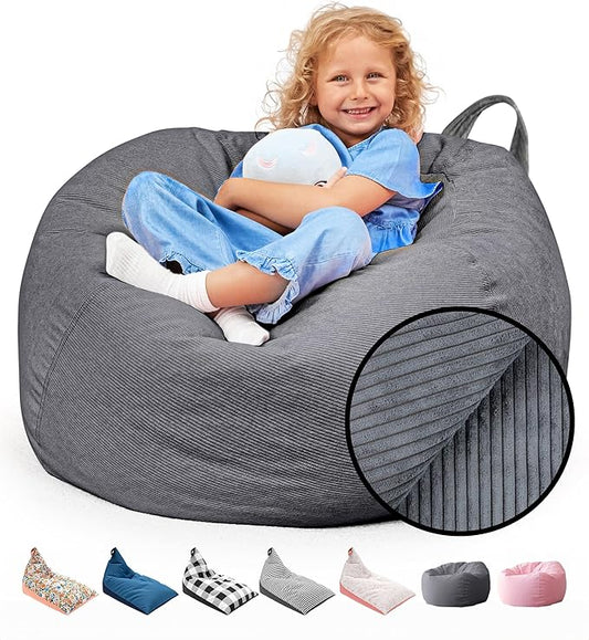 Stuffed Animal Bean Bag Storage (No Filler) - Machine Washable Kids Bean Bag Chair Cover Makes Extra Large Bean Bag Chair Stuff Toys & Soft Items - Stuffed Animal Holder for Kids -Grey Corduroy
