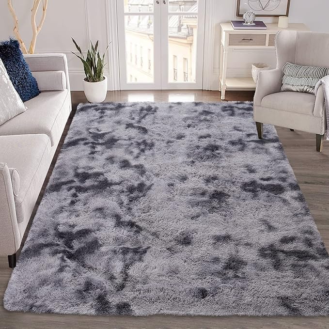 Soft Comfy Faux Fur Area Rug Super Fluffy Carpets for Bedroom Thick Fuzzy Shag Rug 6 x 9 ft for Living Room Nuresry Dorm Indoor Abstract Large Rugs for Modern Interior, Tie-Dyed Dark Grey