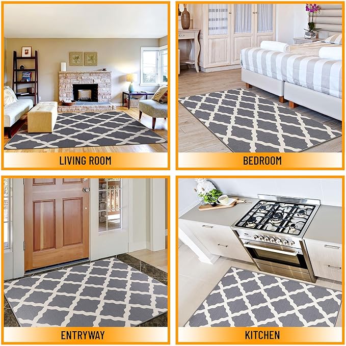 Ottomanson Glamour Collection Non-Slip Rubberback Moroccan Trellis Design 5x7 Indoor Area Rug, 5' x 6'6", Gray