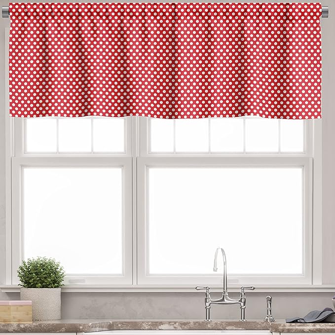 Ambesonne Retro Valance & Tier Curtain 3 pcs Set, 50s 60s Iconic Pop Art Style Big White Polka Dots Picnic Vintage Old Theme Image, Window Treatments for Kitchen Room Decor, 55" x 45", Vermilion White