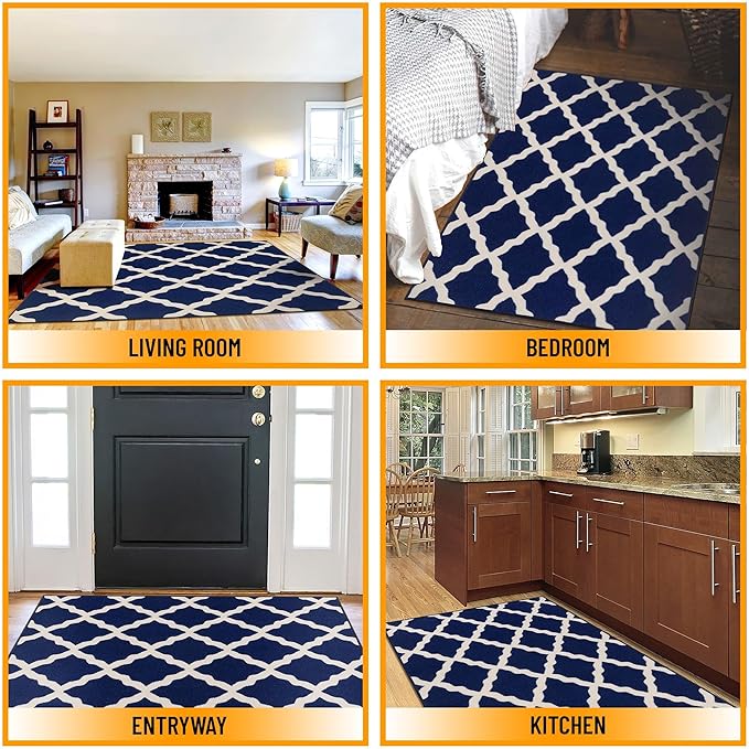 Ottomanson Glamour Collection Non-Slip Rubberback Moroccan Trellis Design 5x7 Indoor Area Rug, 5' x 6'6", Navy