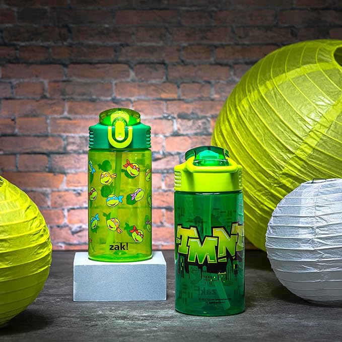 Zak Designs Teenage Mutant Ninja Turtles Kids Water Bottle For School or Travel, 16oz 2 Count (Pack of 1) Durable Plastic Water Bottle With Straw, Handle, and Leak-Proof, Pop-Up Spout Cover (TMNT)