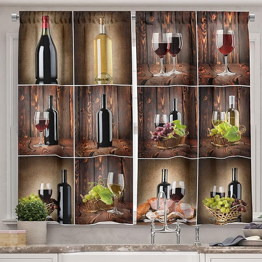 Ambesonne Wine Kitchen Curtains, Wine Themed Collage on Wooden Backdrop with Grapes and Meat Rustic Country Drink, Window Drapes 2 Panel Set for Kitchen Cafe Decor, 55" x 39", Brown Black