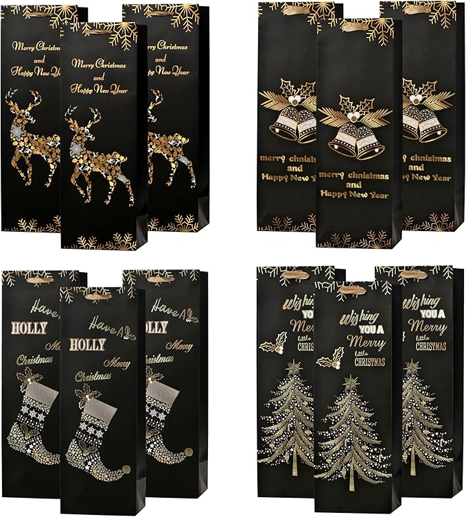 RAZKO Christmas Wine Gift Bags - Set of 12 - Gold Foil Wine Bags, 4 Christmas Patterns (5 x 14 x 3 in) -Heavy Duty Wine Gift Bags for Wine Bottles - Wine Bottle Gift Bags Bulk Black&Gold Color