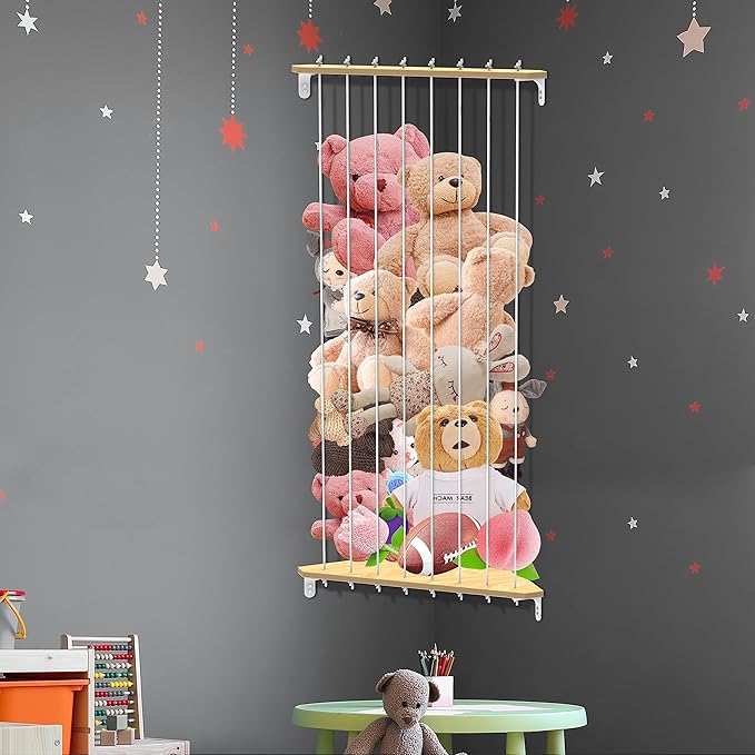 Stuffed Animal Storage Wood Corner Plush Toys Holder, Length Adjustable Hanging Stuffed Animal Toy Organizer Shelf for Nursery Kid Room Play Room Bedroom