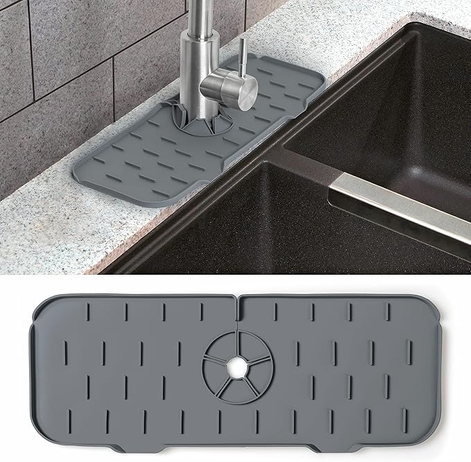 ExqNova Food Grade Silicone Sink Splash Guard, Faucet Drip Catcher Tray, Faucet Water Catcher Mat, Faucet Splash Guard, Sink Draining Pad Behind Faucet, Drip Protector Countertop, Grey Splash Guard