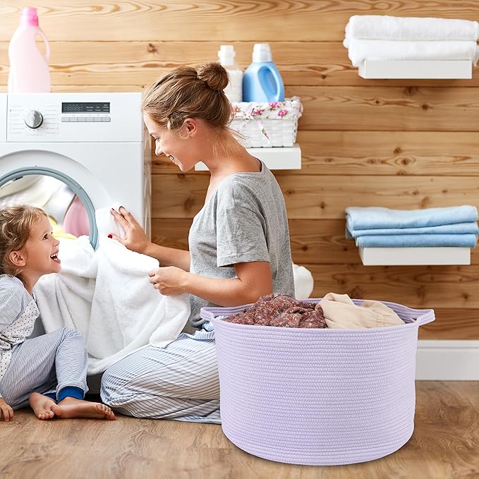 Large Cotton Rope Basket Blankets Basket Living Room 22"x14" Toy Basket for Kids Rope Storage Basket for Nursery Woven Laundry Basket for Clothes Baby Toy Storage round purple or Lavendor