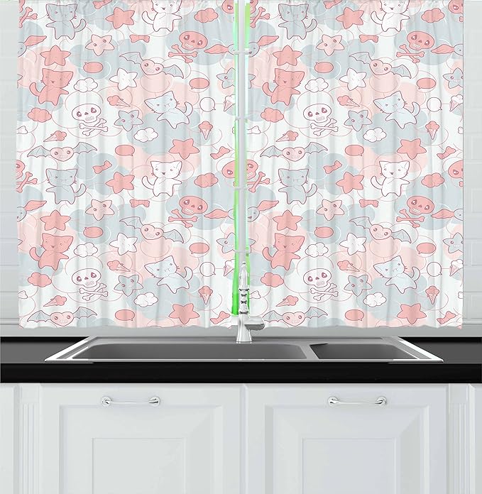 Ambesonne Cartoon Kitchen Curtains, Styled Cats Bats and Skulls Japanese Inspired Kawaii Design, Window Drapes 2 Panel Set for Kitchen Cafe Decor, 55" x 36", Pale Pink