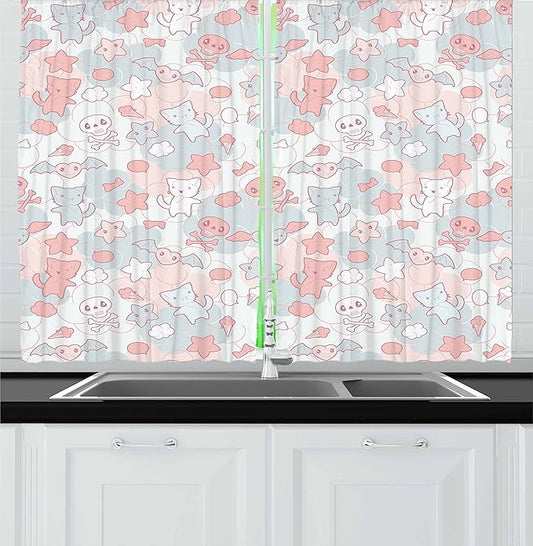 Ambesonne Cartoon Kitchen Curtains, Styled Cats Bats and Skulls Japanese Inspired Kawaii Design, Window Drapes 2 Panel Set for Kitchen Cafe Decor, 55" x 36", Pale Pink