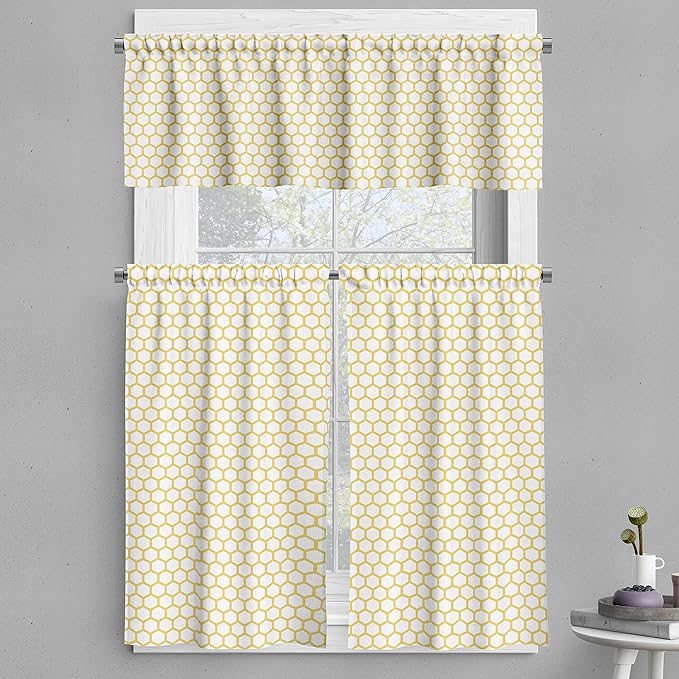Ambesonne Yellow and White Valance & Tier Curtain 3 pcs Set, Hexagonal Pattern Honeycomb Beehive Simplistic Geometrical Monochrome, Window Treatments for Kitchen Room Decor, 55" x 30", White Yellow