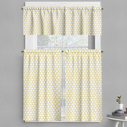 Ambesonne Yellow and White Valance & Tier Curtain 3 pcs Set, Hexagonal Pattern Honeycomb Beehive Simplistic Geometrical Monochrome, Window Treatments for Kitchen Room Decor, 55" x 36", White Yellow