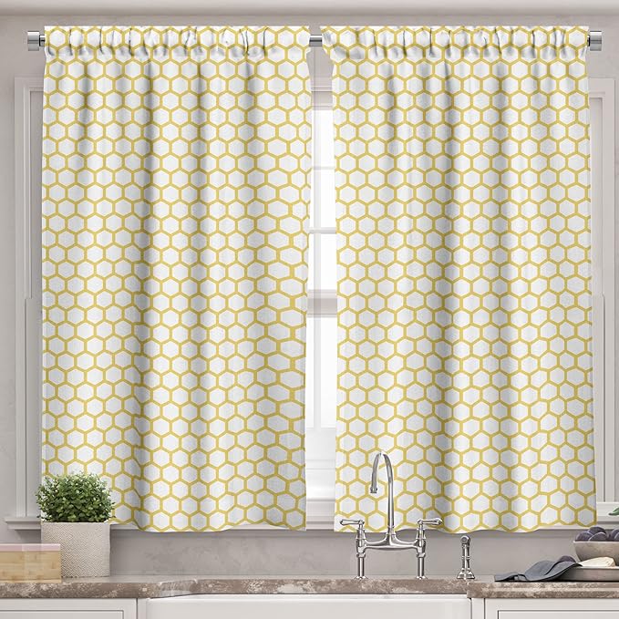 Ambesonne Yellow and White Valance & Tier Curtain 3 pcs Set, Hexagonal Pattern Honeycomb Beehive Simplistic Geometrical Monochrome, Window Treatments for Kitchen Room Decor, 55" x 36", White Yellow