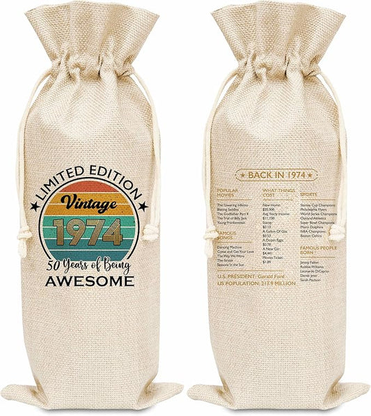 Disfuco 50th Birthday Wine Gift Bag, 1974 Birthday Gift Wine Bag, Burlap Wine Bottle Cover Bag For Women Men, Friends, Daughter, Son, Newphew, Niece, 1 Pc (B04)