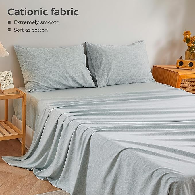 Twin Sheets Blue, Ultral Soft Cationic Linen Look Sheets, Luxury Cooling Cozy Bed Sheet Set with Non-Slip Fitted Sheet