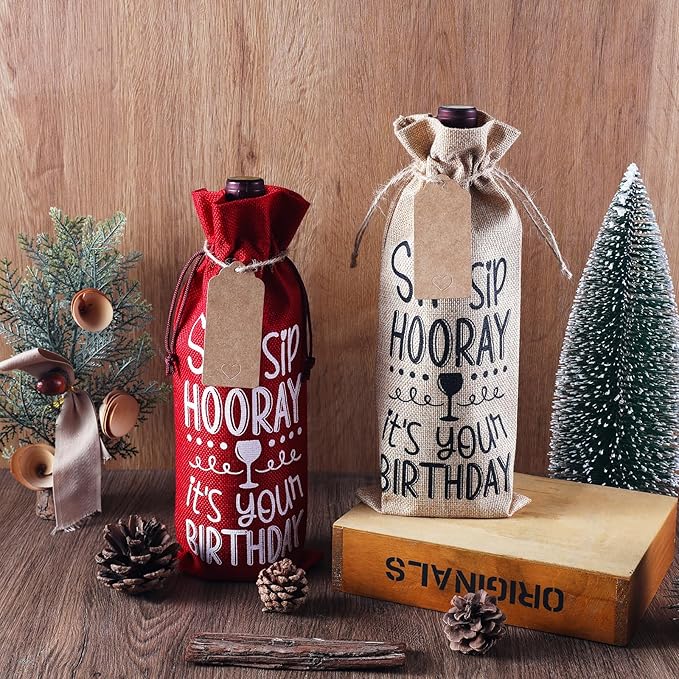 SIRIPHUM Burlap Wine Bags,2PCS Birthday Wine Bottle Gift Bags,Drawstring,Gift Tags,Bottle Cover Tabletop Birthday Party Decor (“Sip Sip Hooray”-Natural)