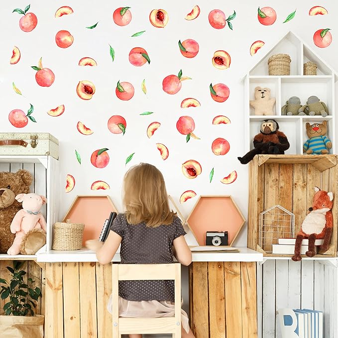 Peach Wall Decals Fruit Wall Stickers Peel and Stick Boho Wall Decals Fruit Leaf Wall Decals Kitchen Wall Stickers Cute Fruit Wall Decals for Nursery Bedroom Kids Room Kitchen Decor