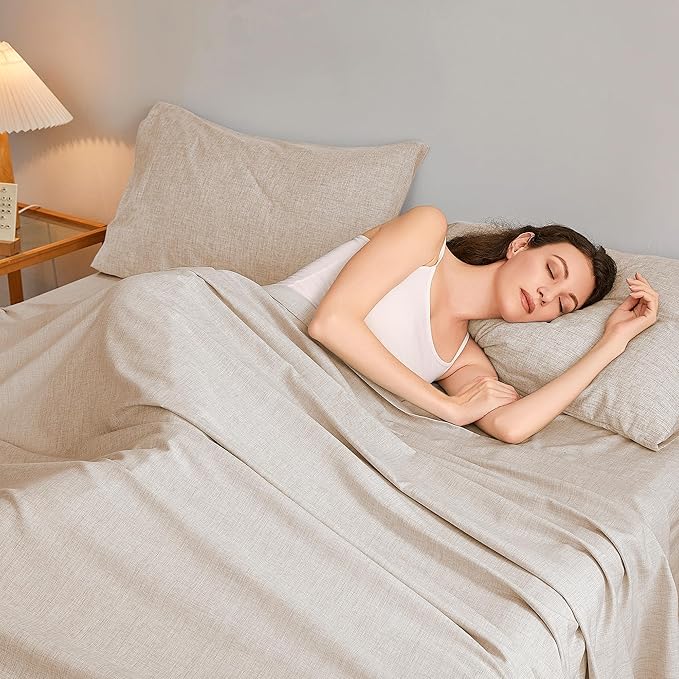 Queen Sheets Brown, Ultral Soft Cationic Linen Look Sheets, Luxury Cooling Cozy Bed Sheet Set with Non-Slip Fitted Sheet