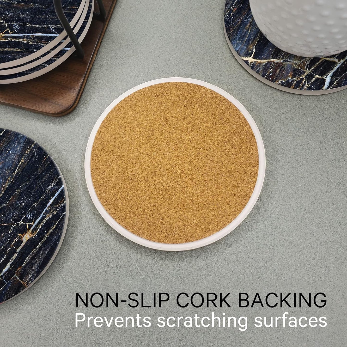 Emerson Coasters for Drinks Absorbent – Natural Stone Drink Coasters Set with Holder, Coasters for Coffee Table, Wooden Tabletop Protection Marble Style – 100% Heavy Duty Set of 6 (Thunder)