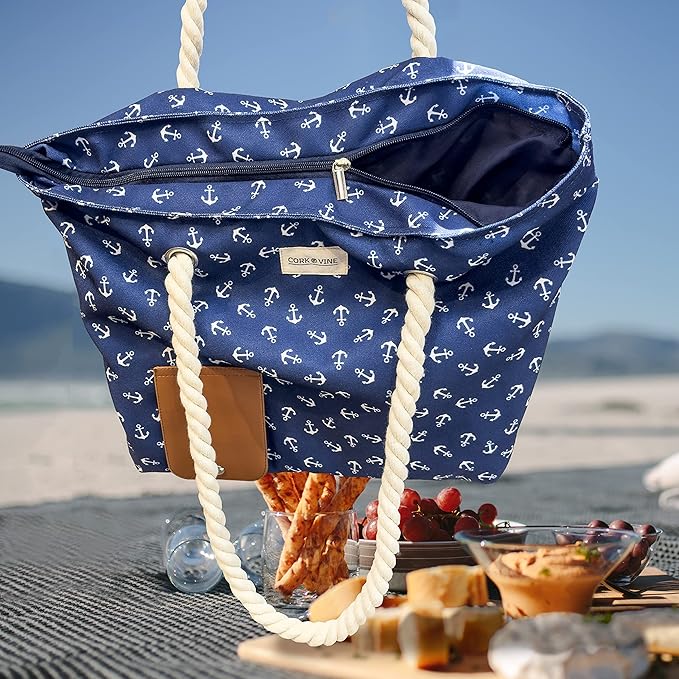 Wine Tote Bag, Insulated Leakproof Wine Cooler Bag with Nautical Rope Strap | 3x 1.5 Liters Beverage Bag Included