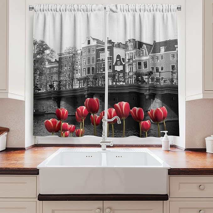 Ambesonne Black and White Kitchen Curtains, Monochrome Photo of Amsterdam Canal with Red Tulips and Houses, Window Drapes 2 Panel Set for Kitchen Cafe Decor, 55" x 39", Red Black