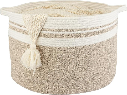 Large Cotton Rope Basket Blankets Basket Living Room 22"x14" Toy Basket for Kids Rope Storage Basket for Nursery Woven Laundry Basket for Clothes Towels Baby Toy Storage round white brown
