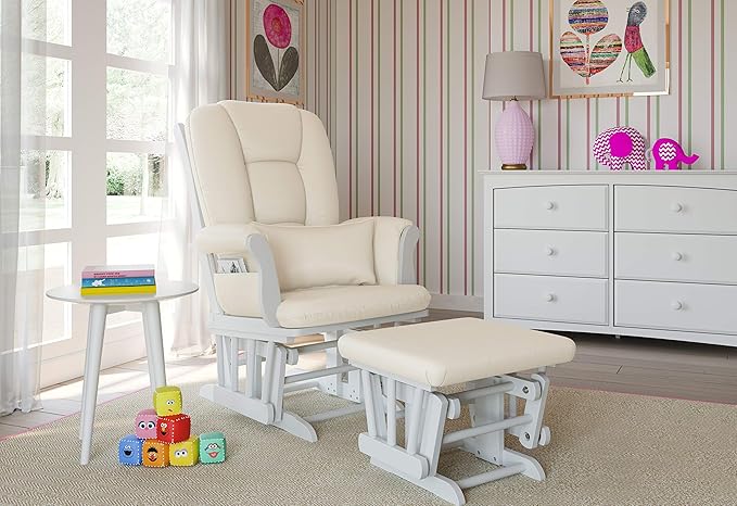 Storkcraft Tuscany Custom Glider and Ottoman with Free Lumbar Pillow (White/Beige) - Cleanable Upholstered Comfort Rocking Nursery Chair with Ottoman