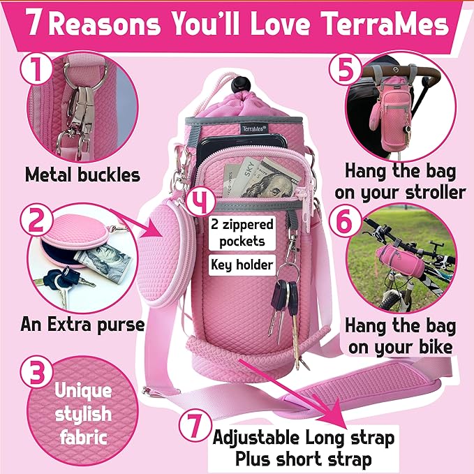 Water Bottle Holder with Strap - Water Bottle Carrier Sling Bag Crossbody with Metal Clips and Rings, Keychain, Extra Small Round Purse, Hook and Loop for Your Bike, Stroller, Backpack