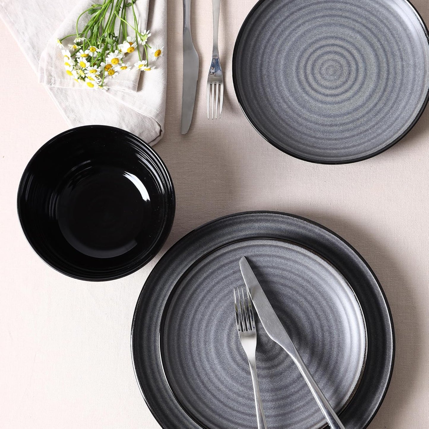 Stone Lain Dua 24-Piece Dinnerware - Stoneware, Plate and Bowls, Dishwasher and Microwave Safe, Dish Set for 8, Black