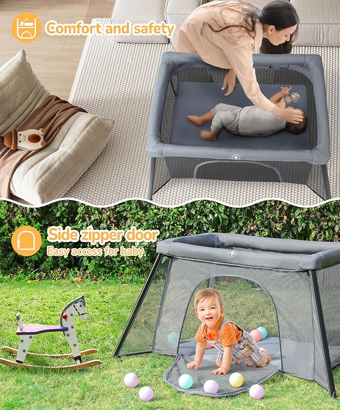ELEMARA Baby Travel Crib Easy-Set Up,Portable Crib with Comfortable Mattress and Lightweight-Foldable Crib with Long-Lasting Playard, Indoor & Outdoor Playpen, Pack and Play for Toddler（Dark Gray