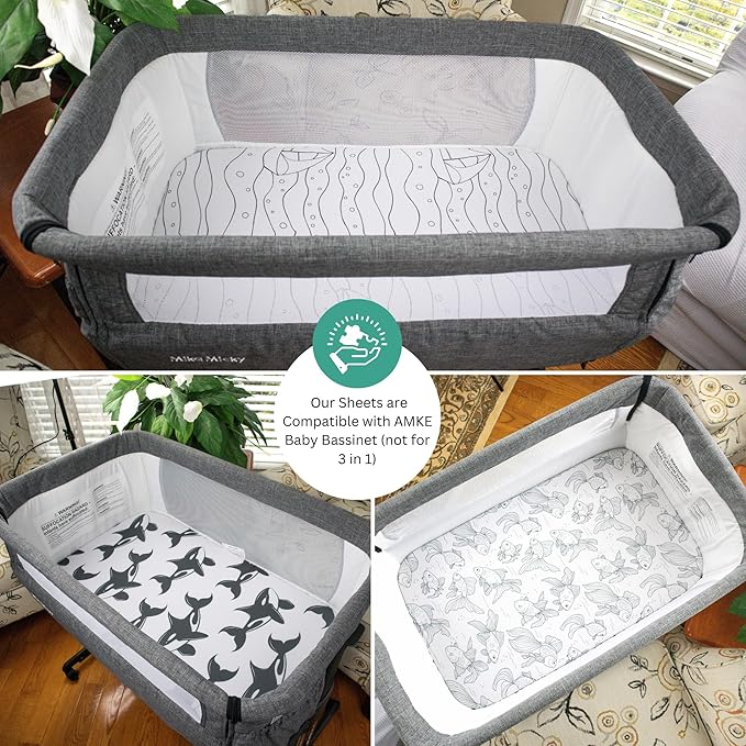 Bassinet Sheets for Ronbei, Baby Joy, Baby Delight Beside Me Dreamer, and Nordmiex Bassinet, 4 Pack, 33x20 Inch, Ultra Soft, Breathable Snug Fit, Unisex Boys Girls, Gray White (Ocean Fish Theme)