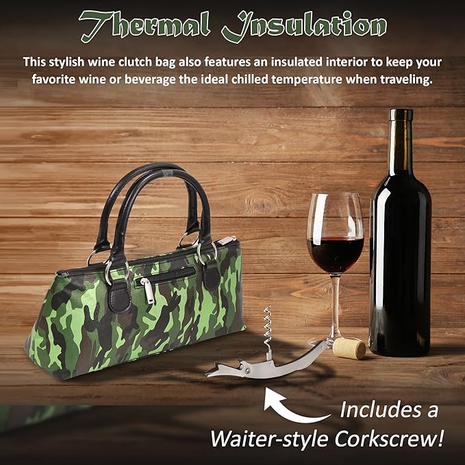 Wine Clutch Bag (Thermal Insulated) Trendy Women's Carry Tote | Holds Red & White 750mL Bottles | Trendy Fashion | Incl. Portable Waiter-Style Corkscrew