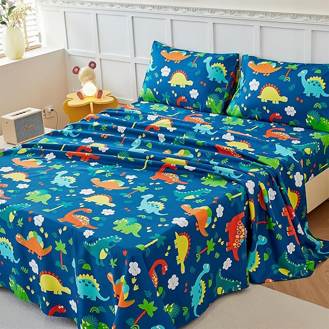 RYNGHIPY Kids Dinosaur Sheets Set for Boys Soft Microfiber Dino Sheets for Twin Size Bed Deep Pocket Fitted Sheet Flat Sheet and Pillowcase (Blue Dinosaur,Twin)