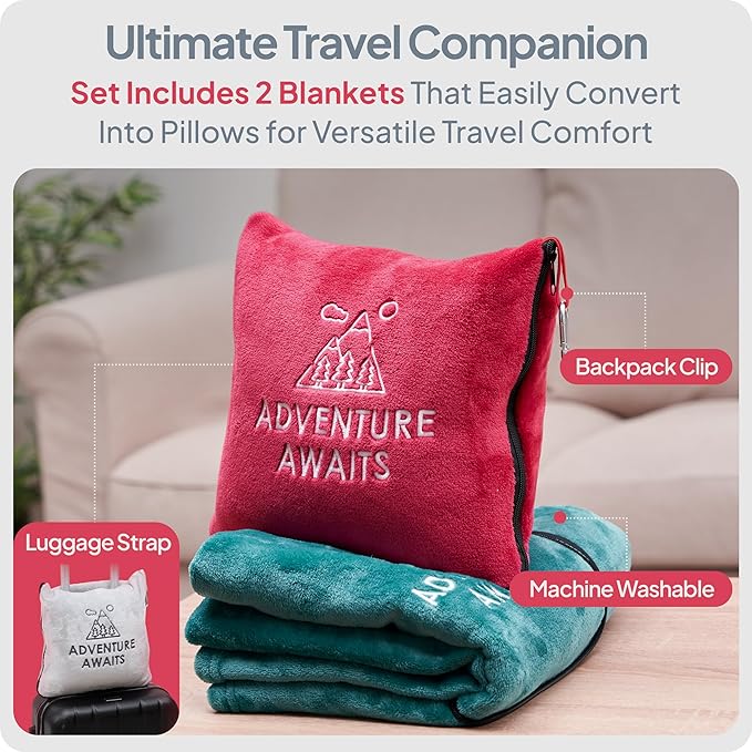 Travel Pillow & Blanket Set - Super Soft 2 in 1 Blankets with Cozy Hand & Feet Pouches Zip into Plush Pillows - Large Size Wraps You in Warmth on Airplanes - Luggage Sleeve & Backpack Clip (Teal/Red)