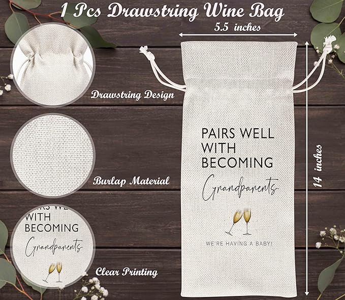 Pairs Well With Becoming Grandparents Gift Wine Bags, Personalized Burlap Wine Bottle Cover Bag for Pregnancy Announcement, New Grandpa Grandma New Baby, Wine Favor Bag Gift Party Decorations-L12