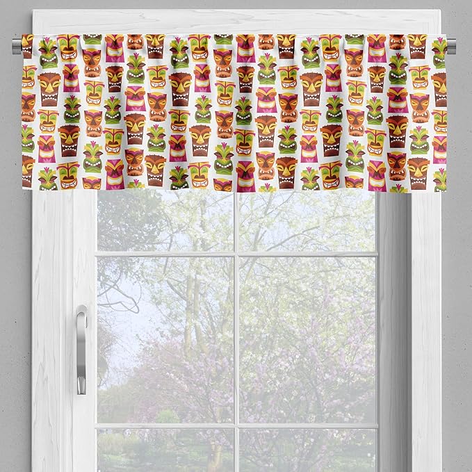 Ambesonne Tiki Bar Valance & Tier Curtain 3 pcs Set, Sixties Retro Inspired Hawaiian Party Happy Tiki Pattern Colorful, Window Treatments for Kitchen Room Decor, 55" x 24", White Brown