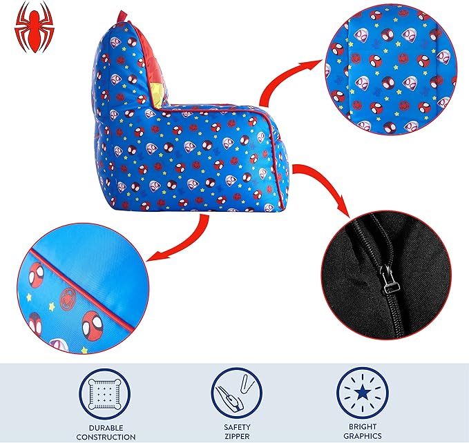 Idea Nuova Marvel Spidey & His Amazing Friends Toddler Nylon Bean Bag Chair with Piping & Top Carry Handle, NN201537, Large, Spidey & Friends