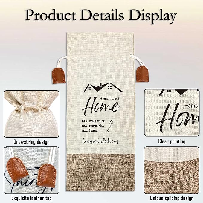 Housewarming Gifts Wine Bag, First New Home House Homeowner Gift, Cotton Linen Wine Gift Bag With Drawstring, Client Gift From Realtors, Sweet Home Congrats Gift for Women Men Wife Husband-37
