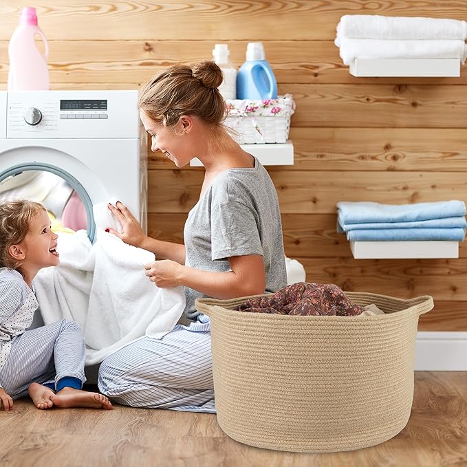 Large Jute Rope Basket Blankets Basket Living Room 22"x14" Toy Basket for Kids and Dogs Rope Storage Basket for Nursery Woven Laundry Basket for Clothes Towels Baby Toy Storage round