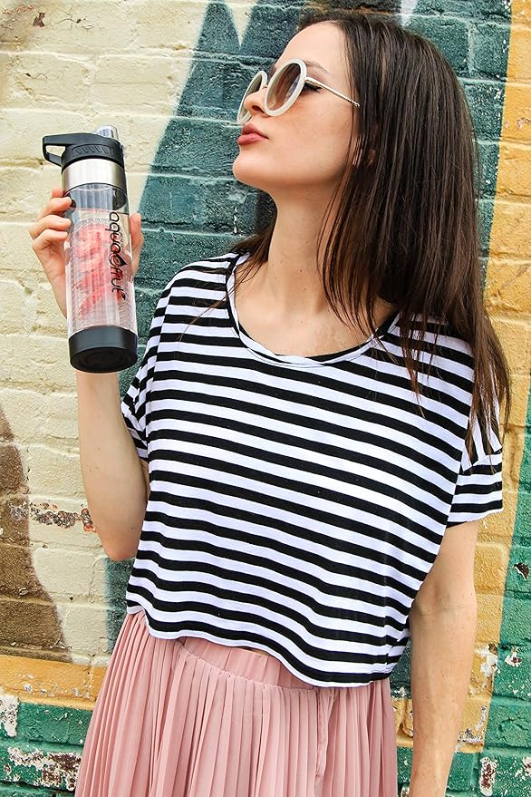 NEW AquaFrut Bottom Loading Fruit Infuser Water Bottle - BPA Free Tritan Plastic - Leak Proof - 24 OZ - Infusion Recipe eBook (Black)