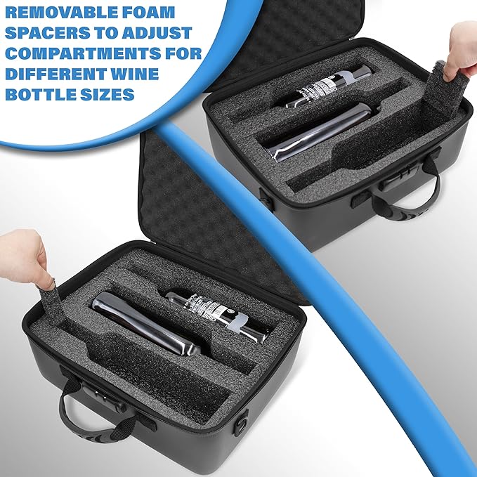 CASEMATIX Wine Travel Case for 3 Bottles with Locking Zipper, Shock-Absorbing Foam & Adjustable Carrying Strap - Protective Wine Suitcase for Storage, Padded Wine Bag Tote Alcohol Carrying Case