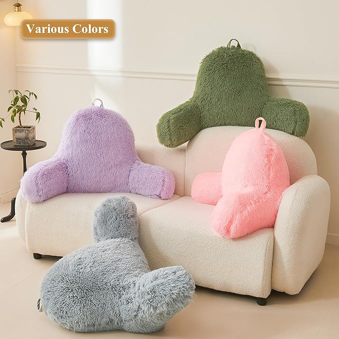 XeGe Fluffy Back Support Pillow Cover for Bed (No Filler), Light Purple Faux Fur Backrest Pillow Case, Lilac Furry Reading Pillow Cover with Arms for Adults Kids, Fuzzy Sit Up Study Pillow, Lavender
