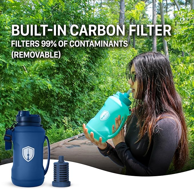 Collapsible Water Bottle for Traveling, Workout or Hiking 64oz Gen 2.0 - Motivational Water Bottle with Time Markings - Half Gallon / 2 L Capacity - BPA Free & Dishwasher Safe (Deep Blue + Filter)