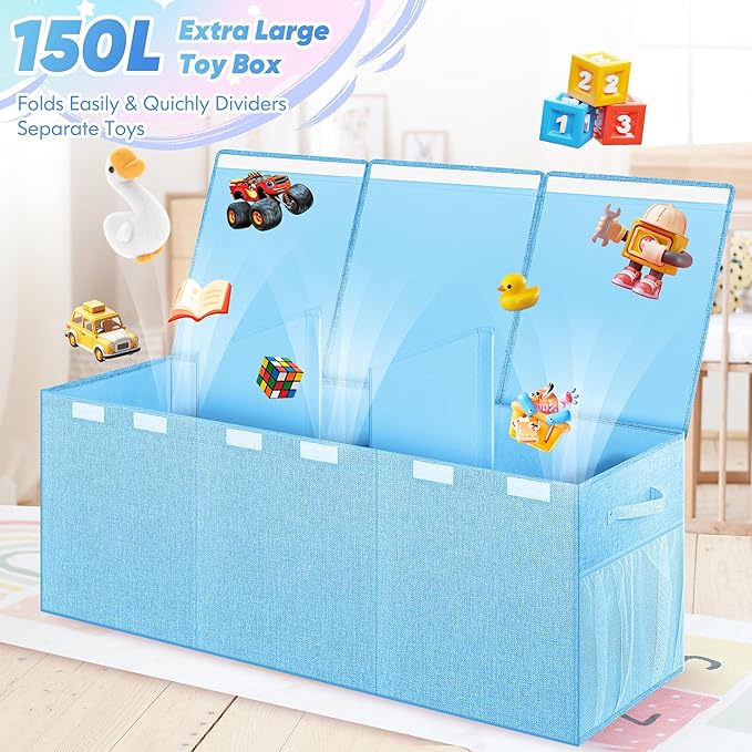 Extra Large Toy Box, Toy Box for Kids Boys Girls, Collapsible Sturdy Toy Storage Organizer with Mesh Pockets, 41"x14"x16" Kids Toy Chest Boxes Bins Baskets for Nursery, Playroom, Blue