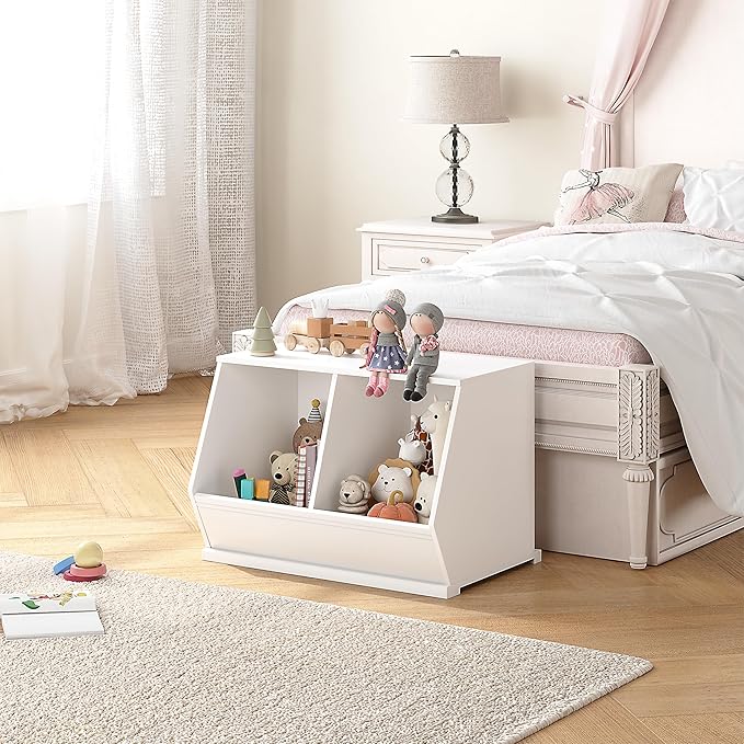 UTEX Toy Storage Organizer for Kids, Stackable Toy Storage Cabinet, Wooden Cubby Toy Organizer, White Toy Shelf for Playroom, Bedroom, Living room, Nursery, 2 Cubes