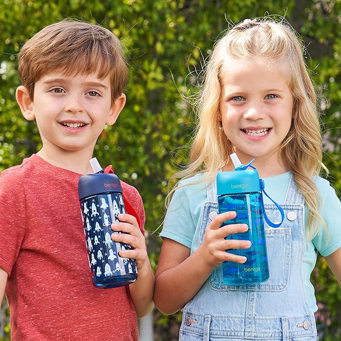 Bentgo Kids Water Bottle 2-Pack - Leak-Proof, Durable Tritan™, BPA-Free 15 oz Cup for Kids/Toddlers 3+; Flip-Up Straw; Dishwasher Safe for School/Sports/Daycare/Camp (Rocket/Shark)