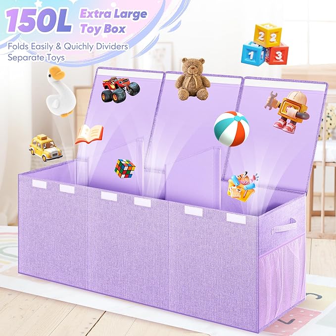 Extra Large Toy Box, Toy Box for Kids Boys Girls, Collapsible Sturdy Toy Storage Organizer with Mesh Pockets, 41"x14"x16" Kids Toy Chest Boxes Bins Baskets for Nursery, Playroom, Purple